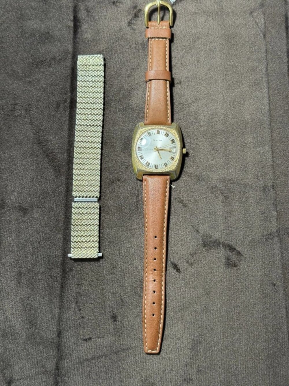 Bulova Vintage Automatic Cushion Gold Tone Case Silver Dial Date Brown Leather